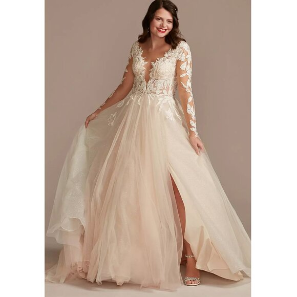 NWT Galina Signature Illusion Plunge Lace Appliqued Wedding Dress - Picture 1 of 5